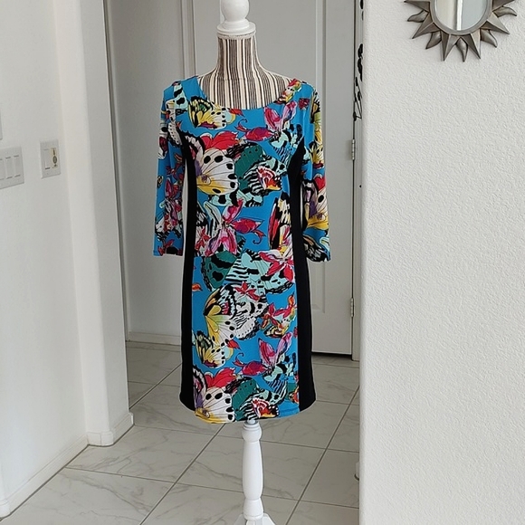 Nicole Miller Butterfly Print Color Block Stretch Jersey Sheath Dress S Colorful - Picture 1 of 12
